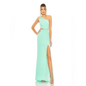 Mac Duggal Blue Cut Out One Shoulder Ruched Back Gown NWT